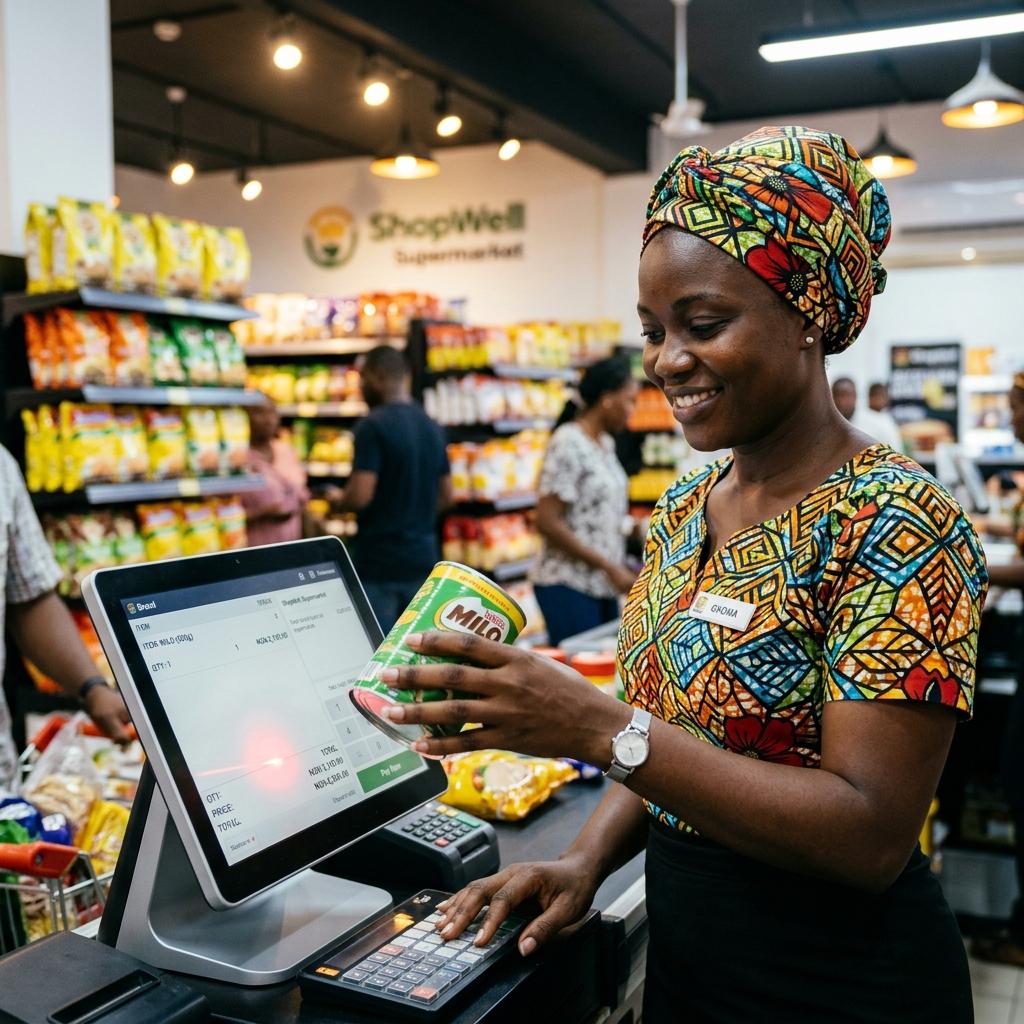 Nigerian cashier at a POS terminal