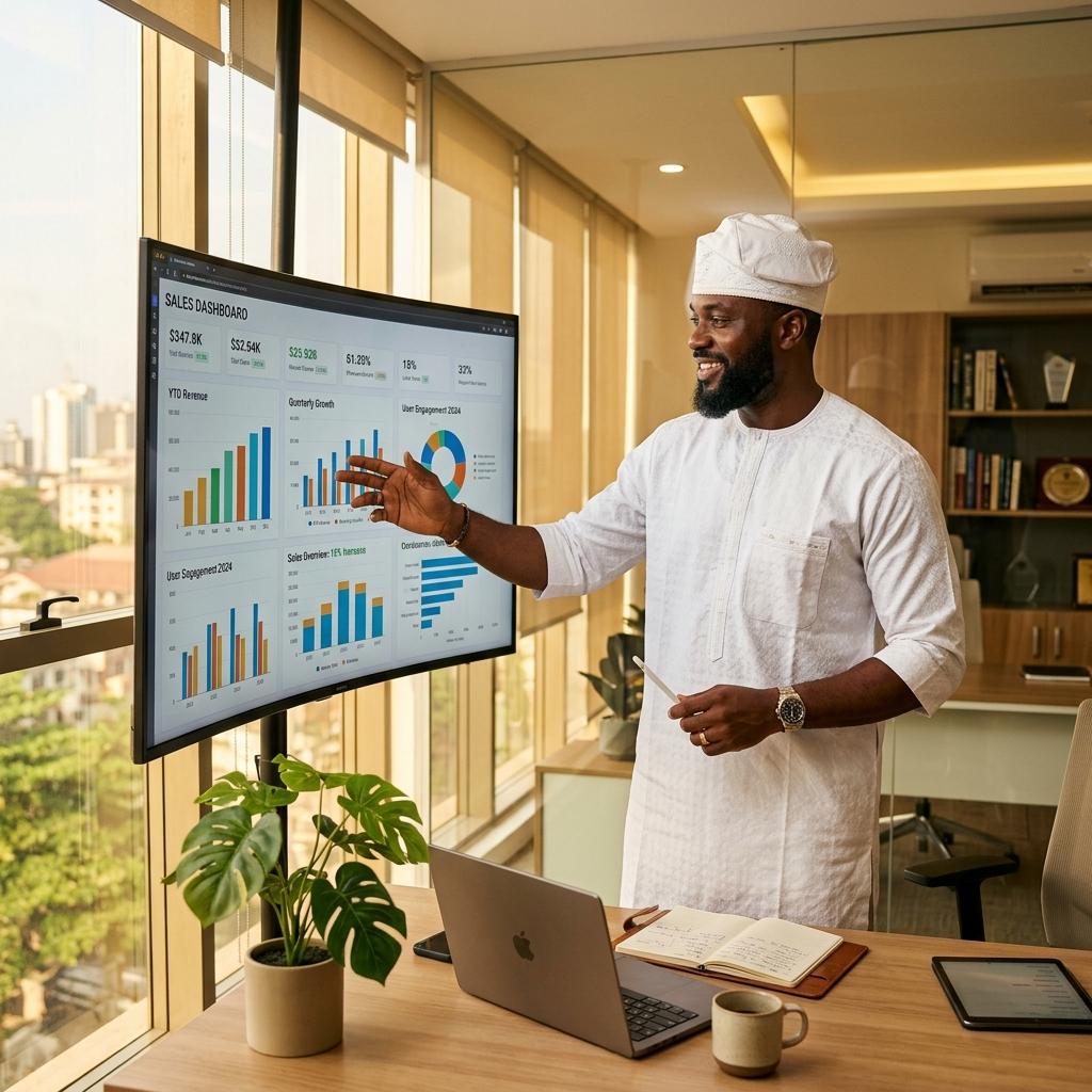 Nigerian business owner reviewing analytics